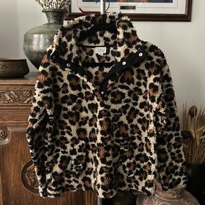 J Crew Leopard Button Snap Pullover Fleece Teddy Jacket